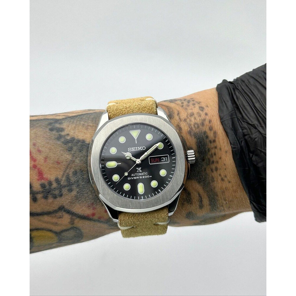 Custom Seiko Mod • Black Sand Prospex Nautilus on Suede Leather Strap • 40mm